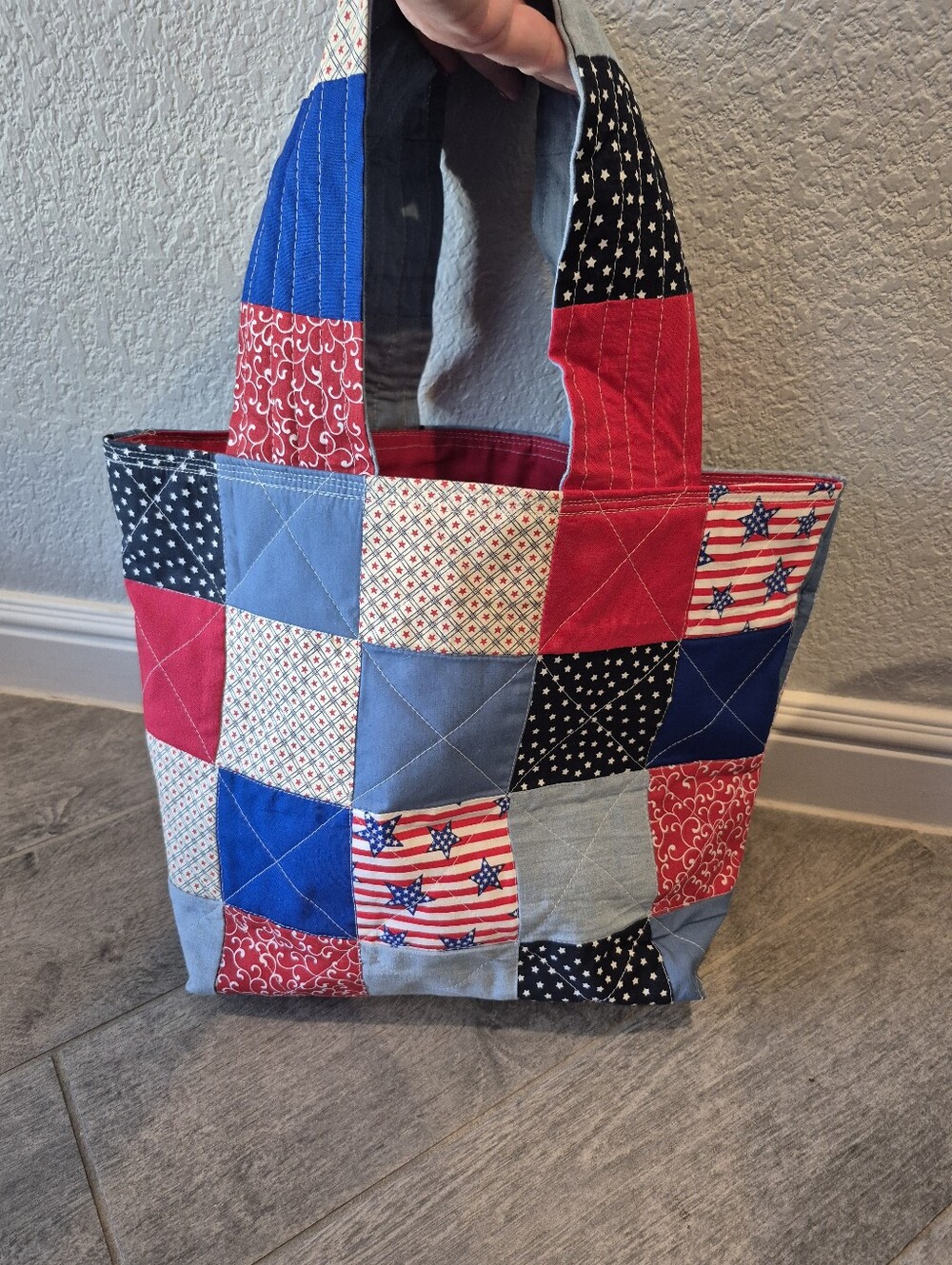 Patchwork Quilted Tote Bag - Red, Blue, Print